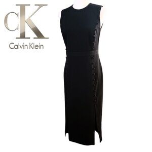 Calvin Klein Midi Black with Button Accents and Slits Women's Dress